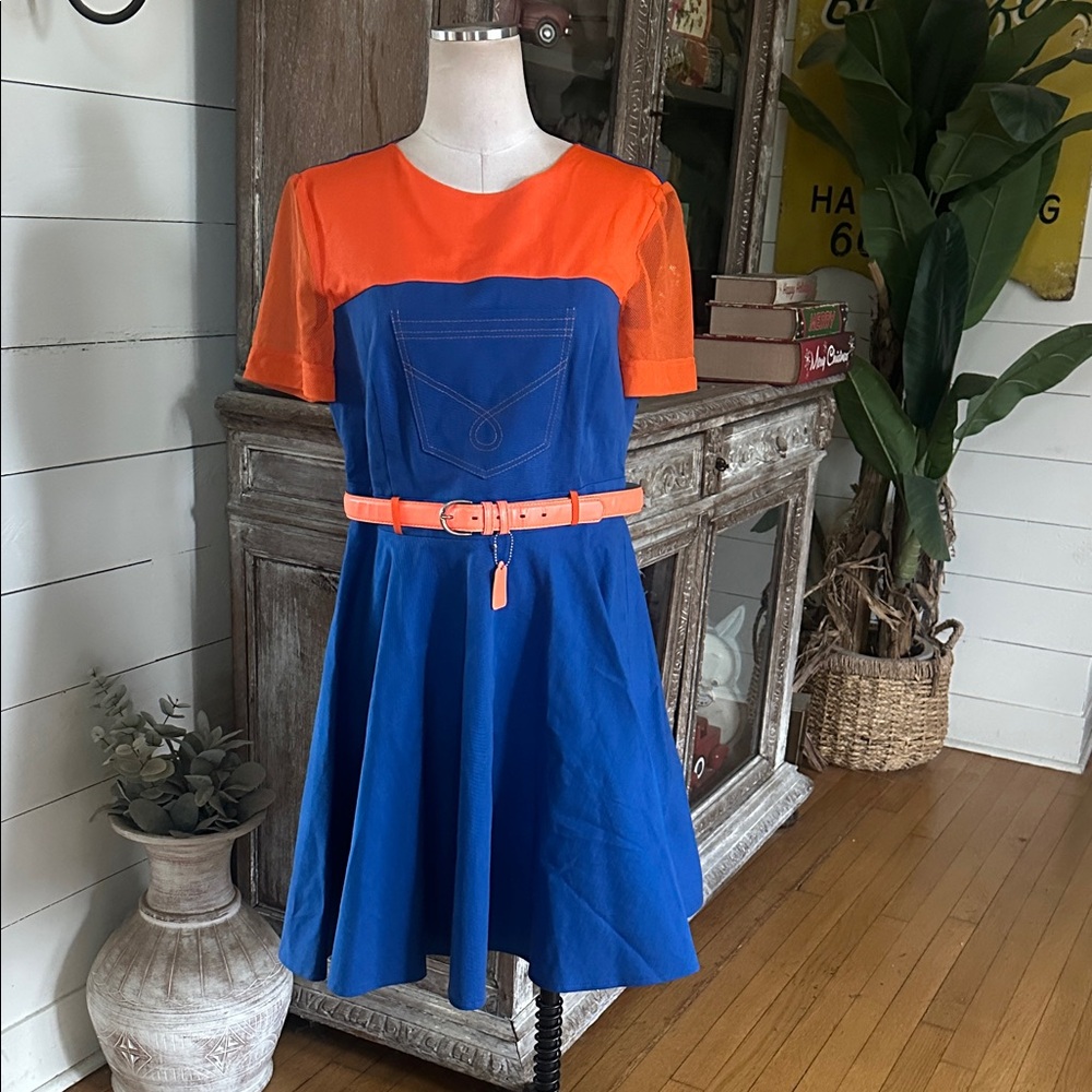 LATTORI COLLECTION DESIGNER BLUE ORANGE SWING DRESS LARGE EXCELLENT